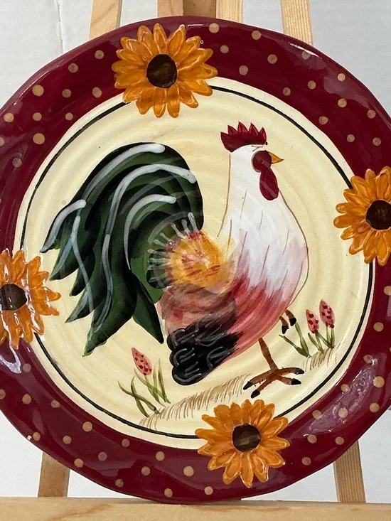 Hand Painted Rooster Sunflowers Decorative Plate Red Cream Yellow Vintage 1990 - Picture 5 of 15